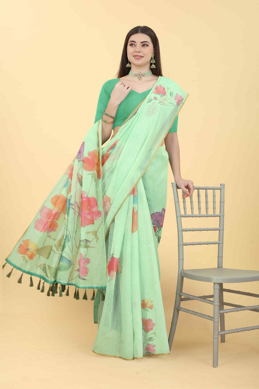 Green Cotton Blend Printed Floral Saree with Unstitched Blouse - Hiral Fashion | Grocsy