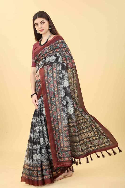 Multicolor Cotton Blend Printed Floral Saree with Unstitched Blouse - Hiral Fashion | Grocsy