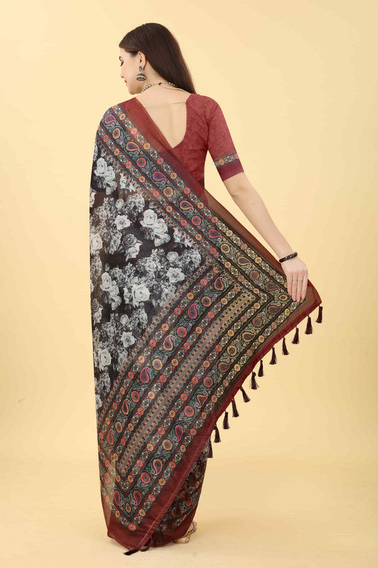 Multicolor Cotton Blend Printed Floral Saree with Unstitched Blouse - Hiral Fashion | Grocsy