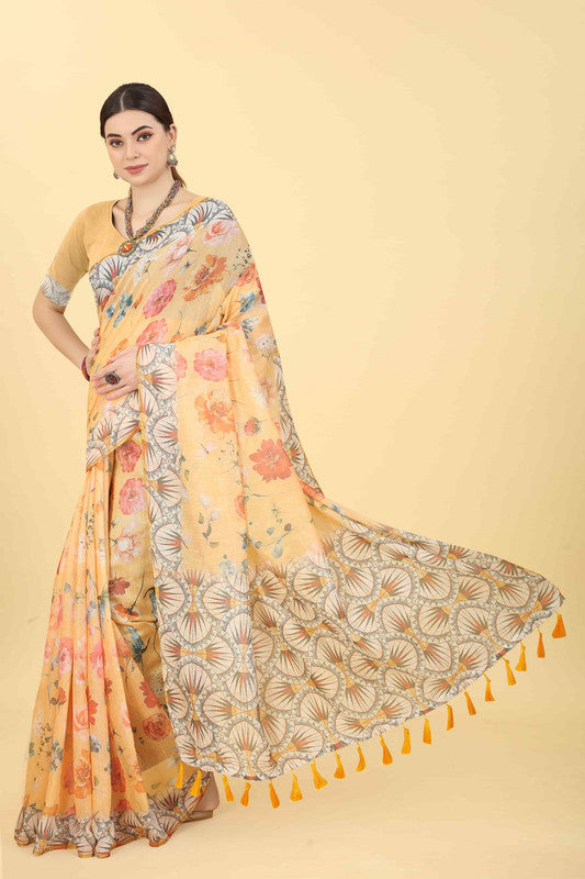 Peach Cotton Blend Printed Floral Saree with Unstitched Blouse - Hiral Fashion | Grocsy