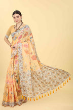 Peach Cotton Blend Printed Floral Saree with Unstitched Blouse - Hiral Fashion | Grocsy