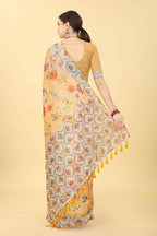 Peach Cotton Blend Printed Floral Saree with Unstitched Blouse - Hiral Fashion | Grocsy