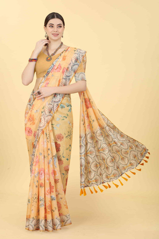 Peach Cotton Blend Printed Floral Saree with Unstitched Blouse - Hiral Fashion | Grocsy