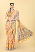 Peach Cotton Blend Printed Floral Saree with Unstitched Blouse - Hiral Fashion | Grocsy
