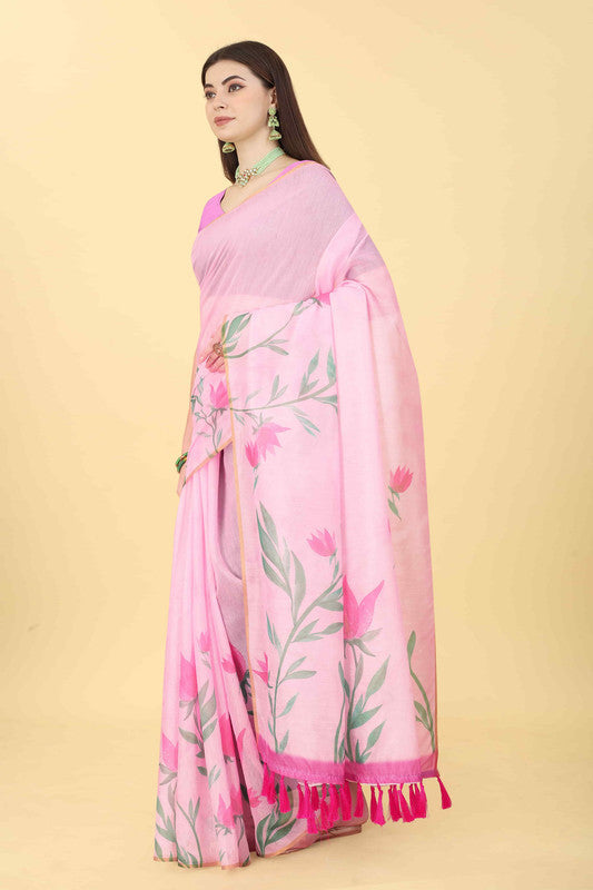 Pink Cotton Blend Printed Floral Saree with Unstitched Blouse - Hiral Fashion | Grocsy