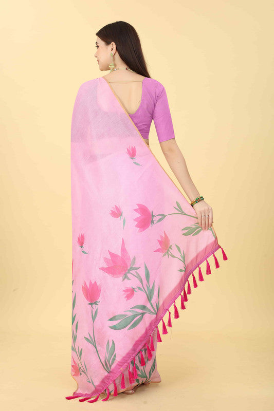 Pink Cotton Blend Printed Floral Saree with Unstitched Blouse - Hiral Fashion | Grocsy