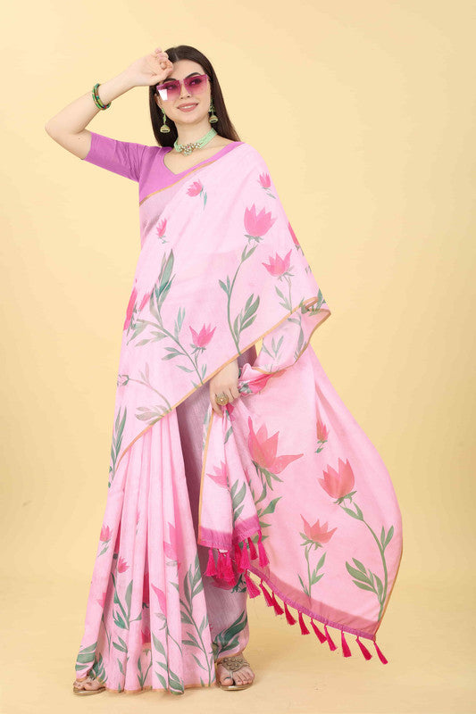 Pink Cotton Blend Printed Floral Saree with Unstitched Blouse - Hiral Fashion | Grocsy