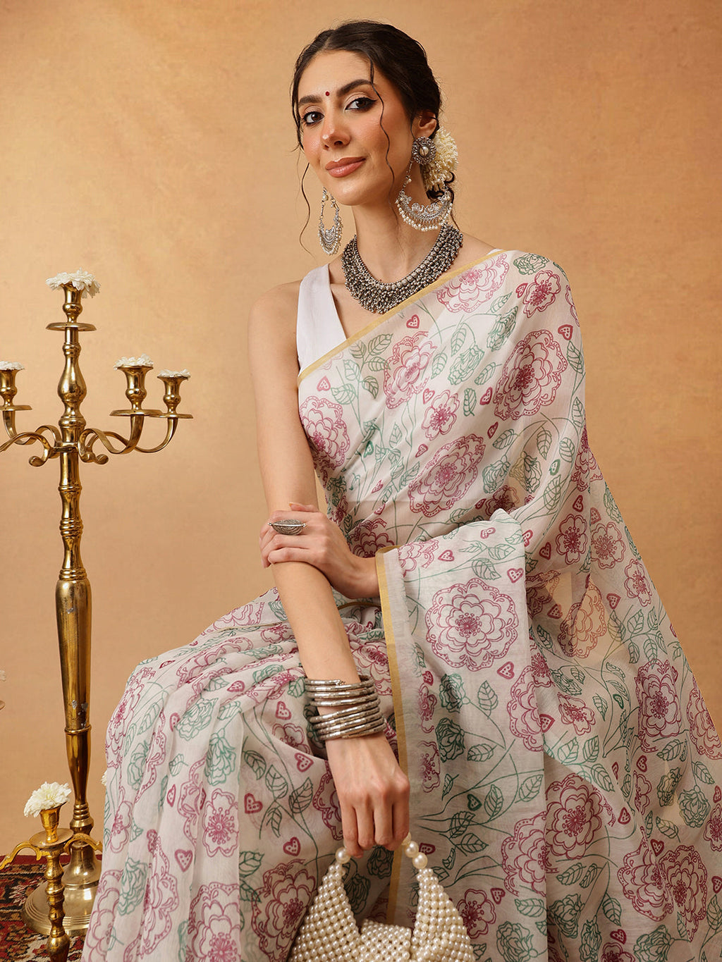 Hiral Fashion Off White Chanderi Cotton Blend Floral Digital Printed Saree | Grocsy