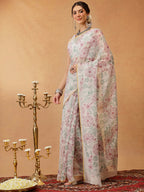 Hiral Fashion Off White Chanderi Cotton Blend Floral Digital Printed Saree | Grocsy