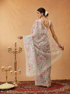 Hiral Fashion Off White Chanderi Cotton Blend Floral Digital Printed Saree | Grocsy
