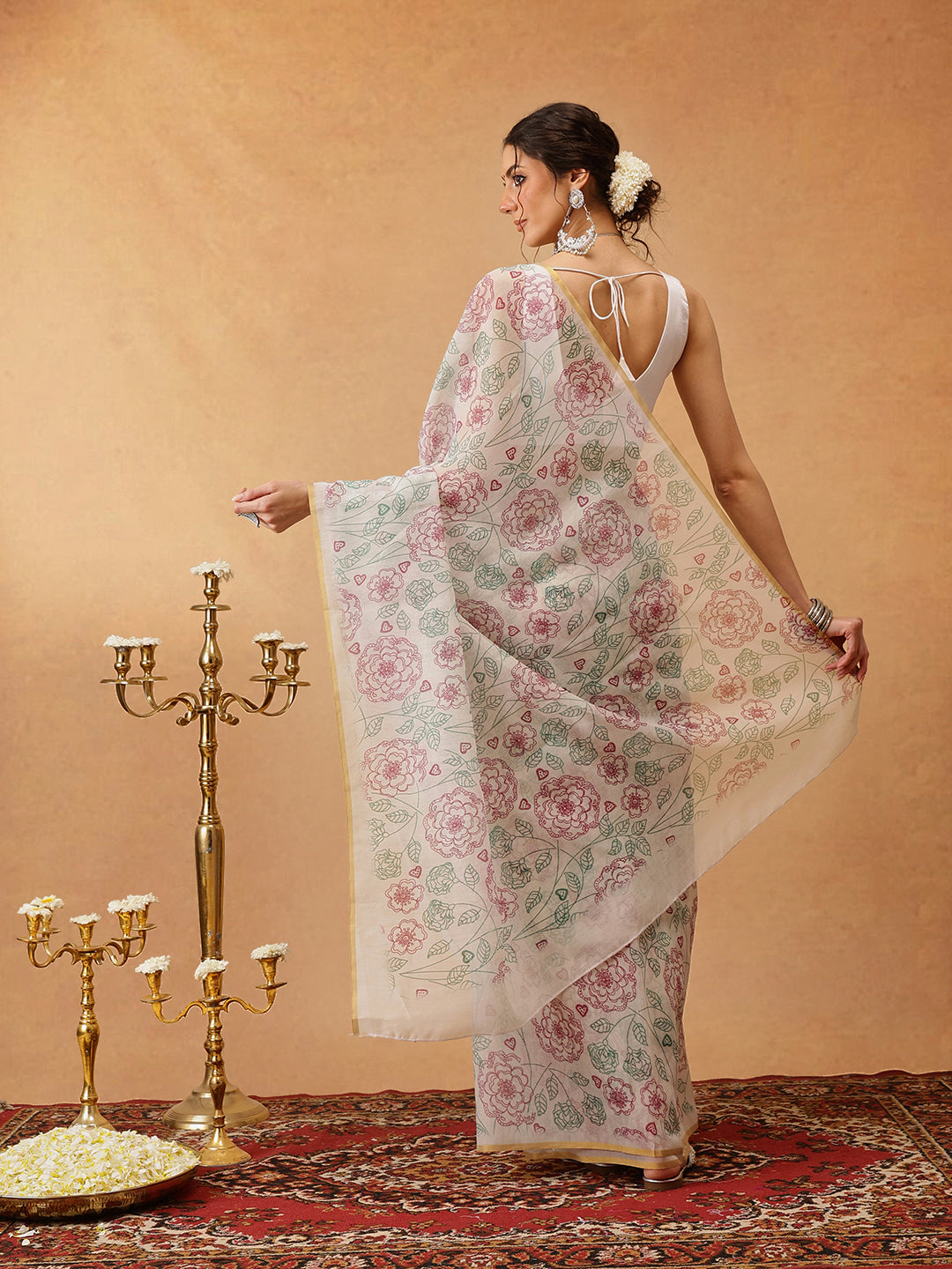 Hiral Fashion Off White Chanderi Cotton Blend Floral Digital Printed Saree | Grocsy