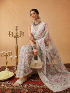 Hiral Fashion Off White Chanderi Cotton Blend Floral Digital Printed Saree | Grocsy