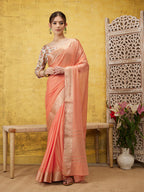 Peach Pure Viscose Chinon Zari Woven Solid Saree with Unstitched Blouse - Hiral Fashion | Grocsy