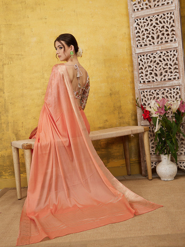 Peach Pure Viscose Chinon Zari Woven Solid Saree with Unstitched Blouse - Hiral Fashion | Grocsy