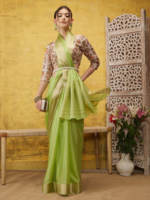 Green Pure Viscose Chinon Zari Woven Solid Saree with Unstitched Blouse - Hiral Fashion | Grocsy