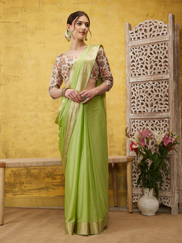 Green Pure Viscose Chinon Zari Woven Solid Saree with Unstitched Blouse - Hiral Fashion | Grocsy