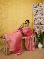 Light Pink Pure Viscose Chinon Zari Woven Solid Saree with Unstitched Blouse - Hiral Fashion | Grocsy