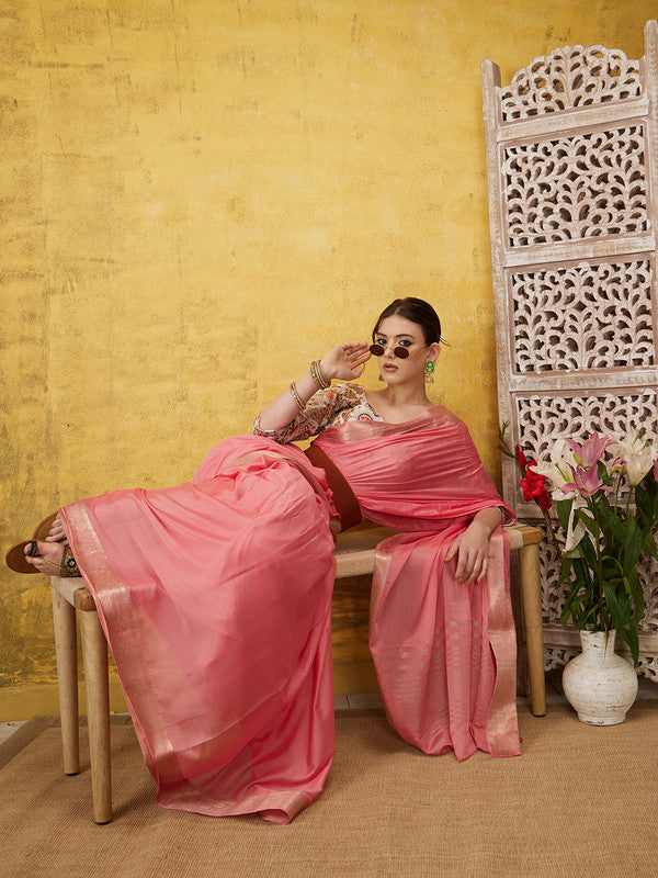 Light Pink Pure Viscose Chinon Zari Woven Solid Saree with Unstitched Blouse - Hiral Fashion | Grocsy