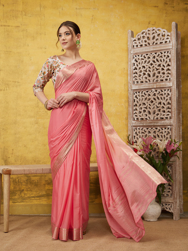Light Pink Pure Viscose Chinon Zari Woven Solid Saree with Unstitched Blouse - Hiral Fashion | Grocsy