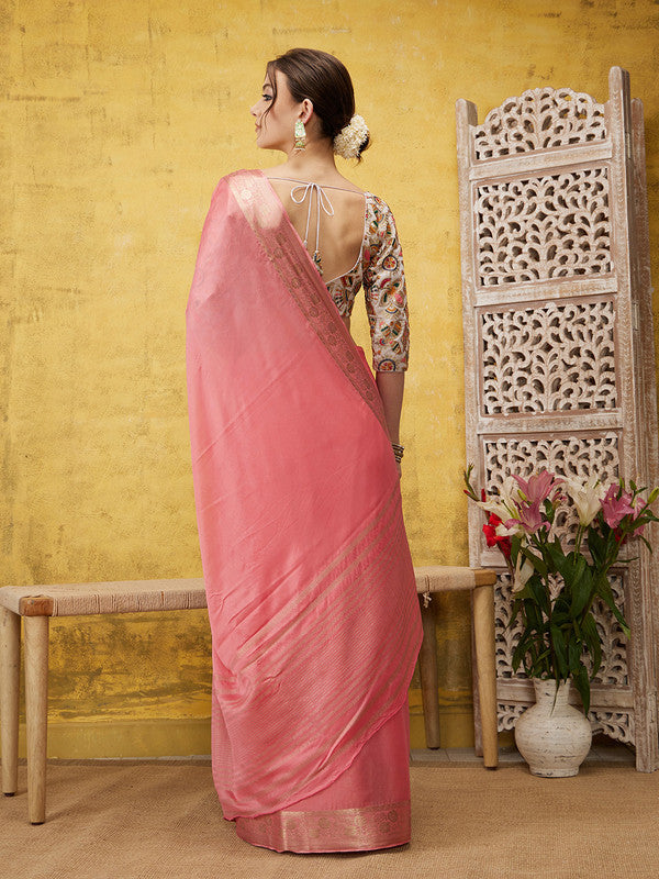 Light Pink Pure Viscose Chinon Zari Woven Solid Saree with Unstitched Blouse - Hiral Fashion | Grocsy