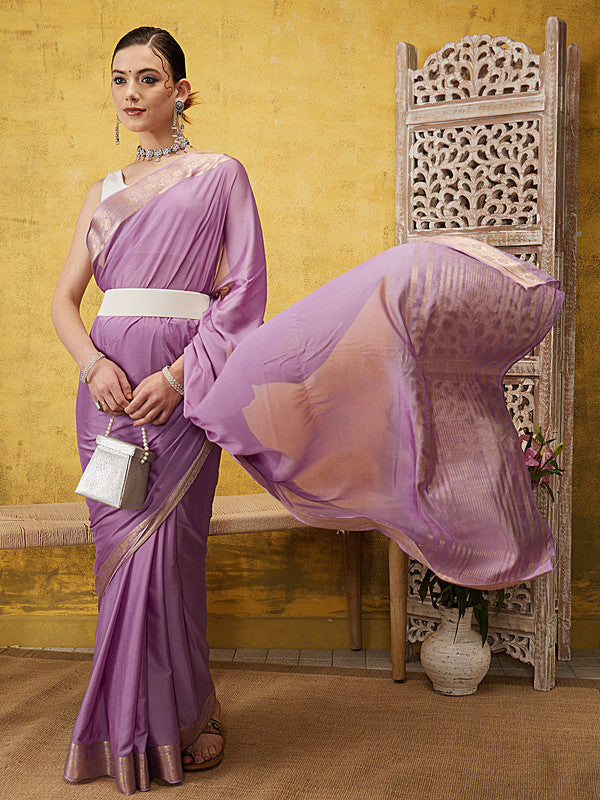 Purple Pure Viscose Chinon Zari Woven Solid Saree with Unstitched Blouse - Hiral Fashion | Grocsy