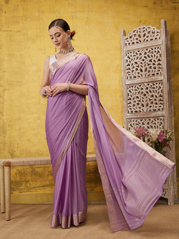 Purple Pure Viscose Chinon Zari Woven Solid Saree with Unstitched Blouse - Hiral Fashion | Grocsy