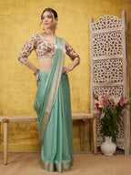 Turquoise Pure Viscose Chinon Zari Woven Solid Saree with Unstitched Blouse - Hiral Fashion | Grocsy