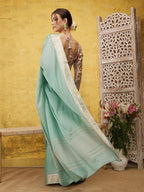 Turquoise Pure Viscose Chinon Zari Woven Solid Saree with Unstitched Blouse - Hiral Fashion | Grocsy
