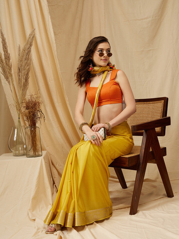 Yellow Pure Viscose Chinon Zari Woven Solid Saree with Unstitched Blouse - Hiral Fashion | Grocsy