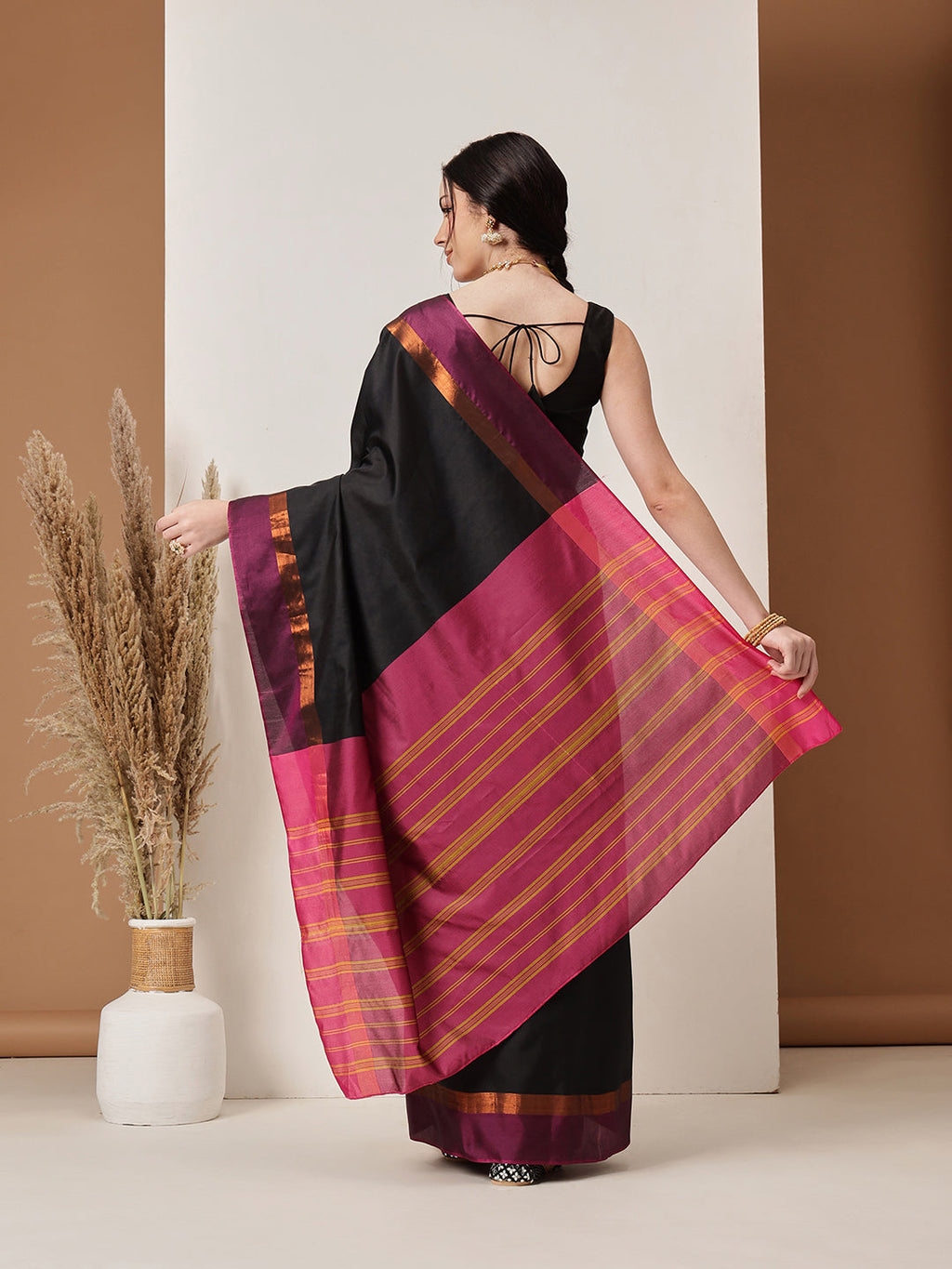Hiral Fashion Black Banarasi Art Silk Solid Saree | Grocsy
