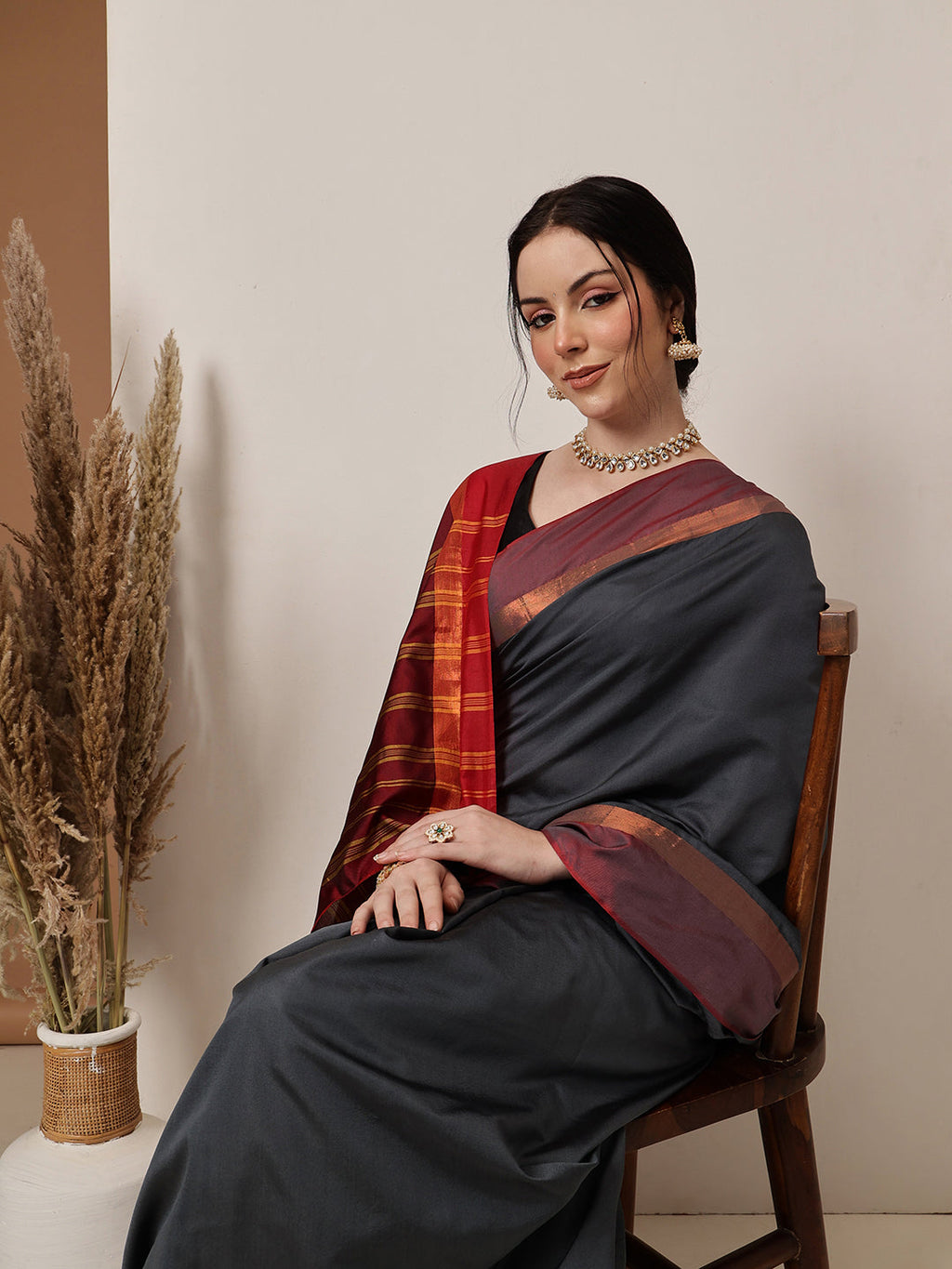 Hiral Fashion Grey Banarasi Art Silk Solid Saree | Grocsy