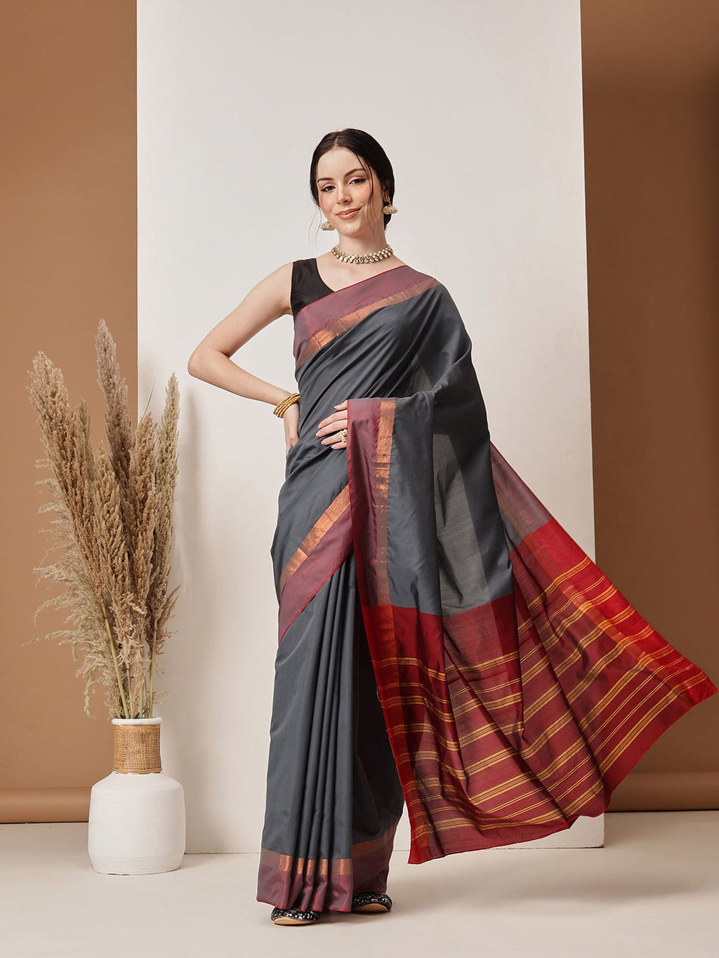 Hiral Fashion Grey Banarasi Art Silk Solid Saree | Grocsy