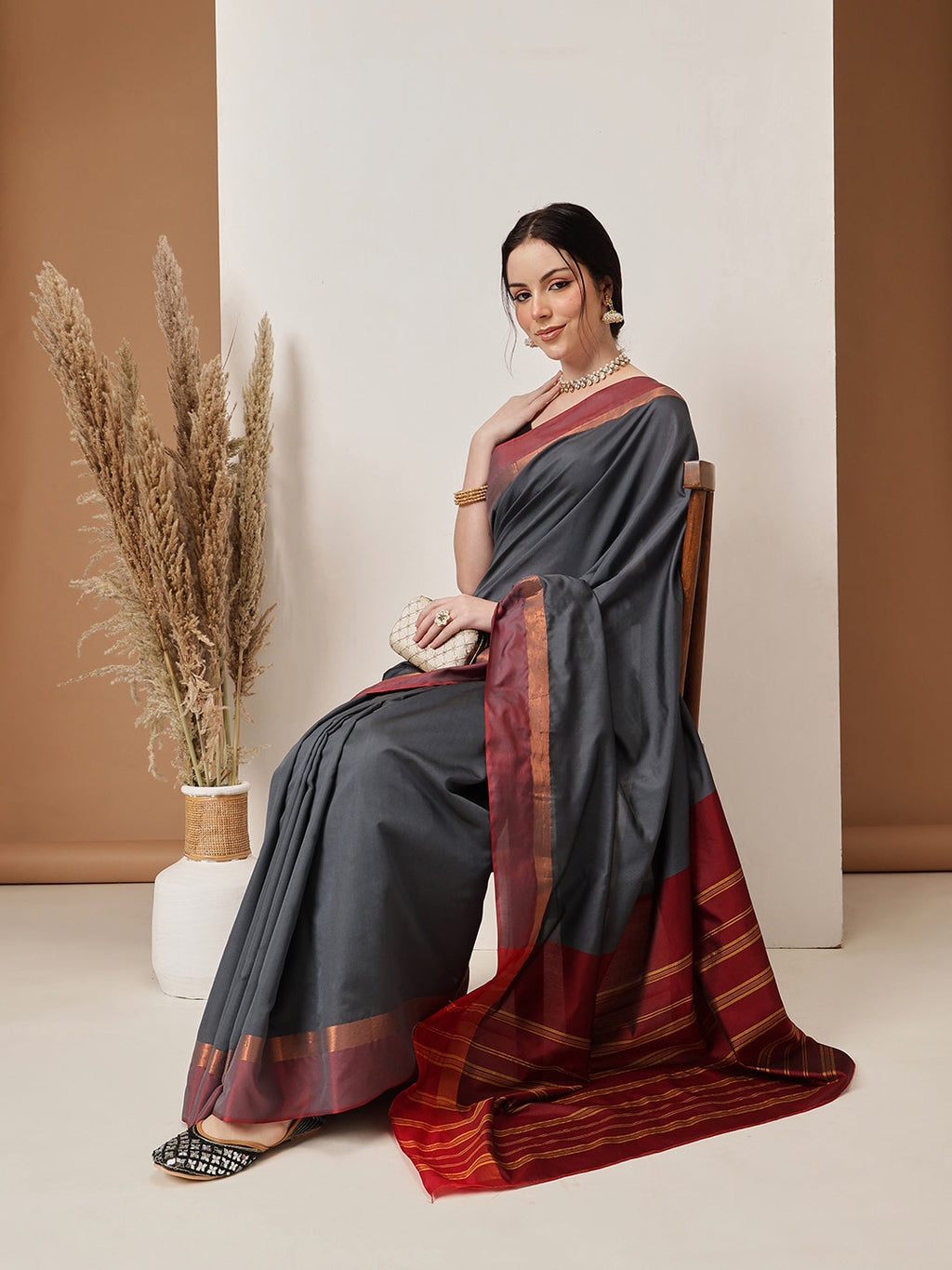 Hiral Fashion Grey Banarasi Art Silk Solid Saree | Grocsy