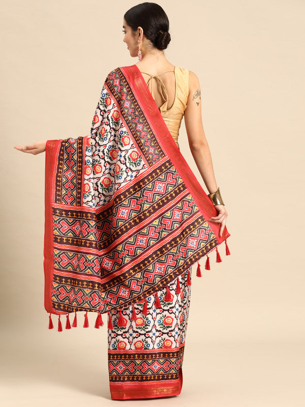 White Silk Blend Digital Print Patola Saree with Unstitched Blouse - Hiral Fashion | Grocsy