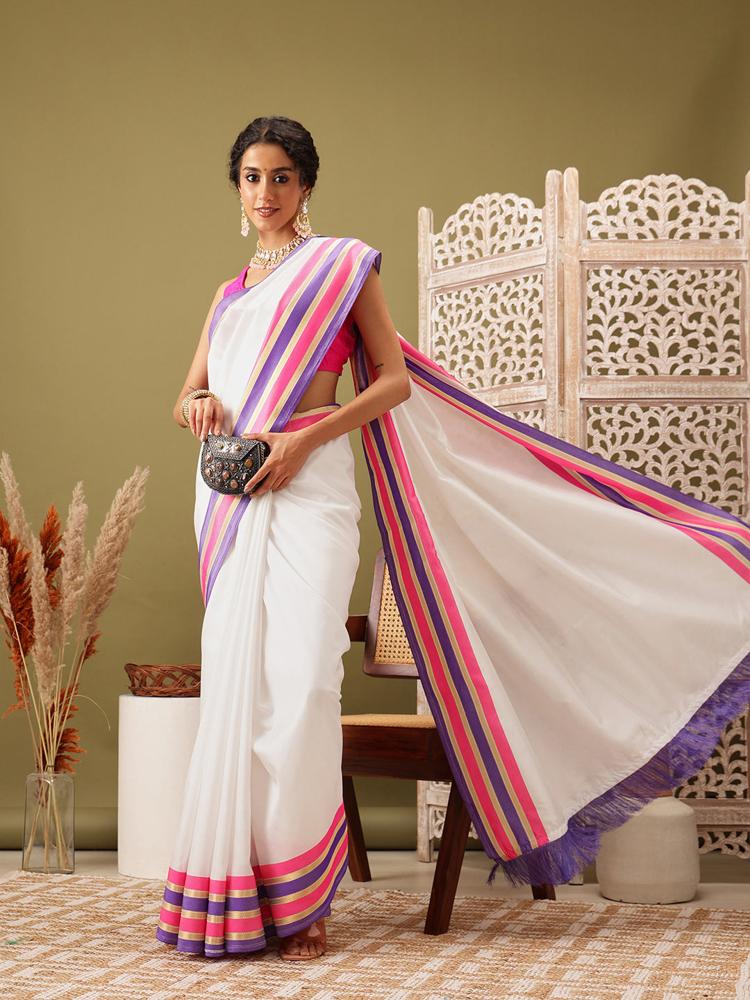 Hiral Fashion White Banarasi Soft Silk Solid Saree | Grocsy