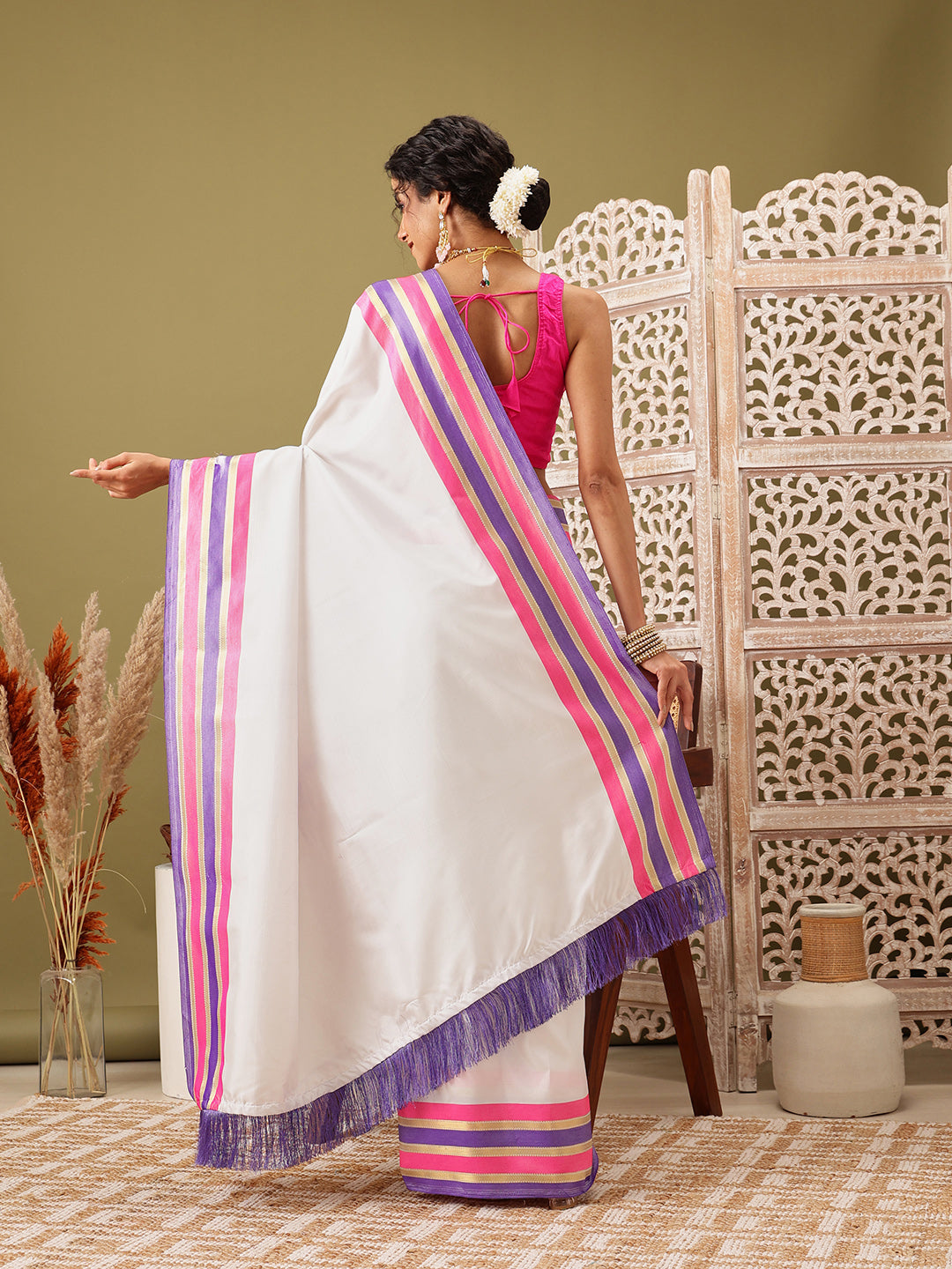 Hiral Fashion White Banarasi Soft Silk Solid Saree | Grocsy