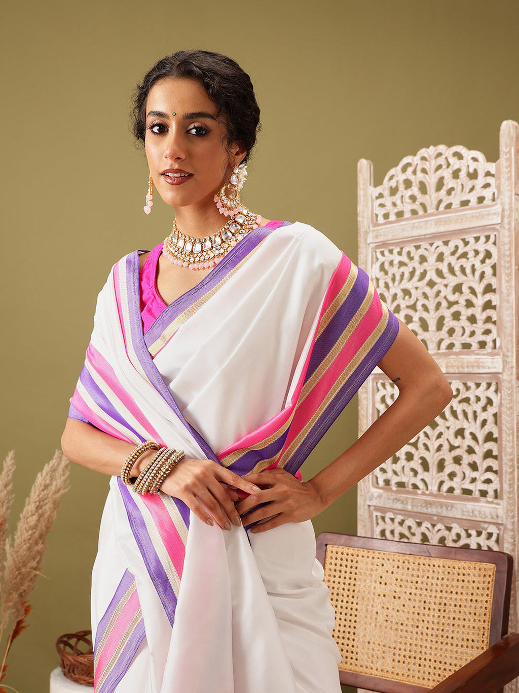 Hiral Fashion White Banarasi Soft Silk Solid Saree | Grocsy