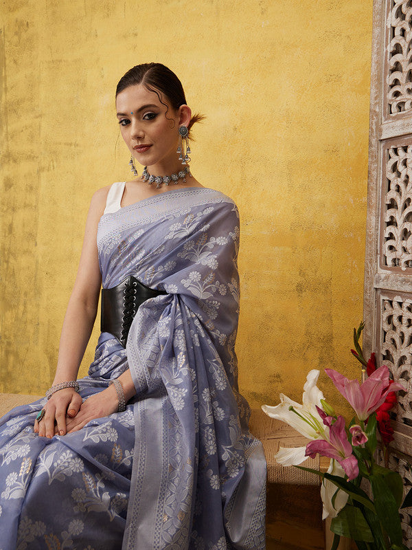 Gray Cotton Woven Zari Design Floral Saree with Unstitched Blouse - Hiral Fashion | Grocsy