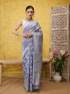 Gray Cotton Woven Zari Design Floral Saree with Unstitched Blouse - Hiral Fashion | Grocsy