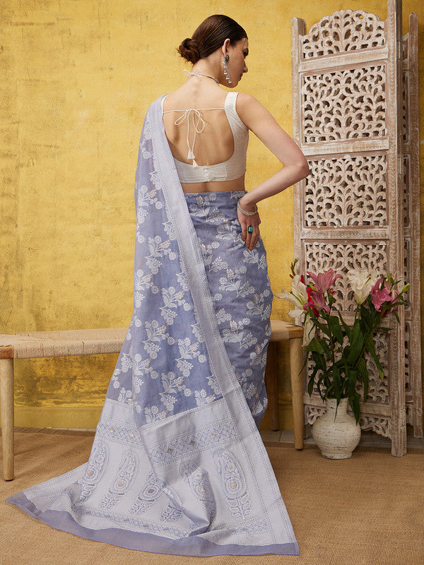 Gray Cotton Woven Zari Design Floral Saree with Unstitched Blouse - Hiral Fashion | Grocsy