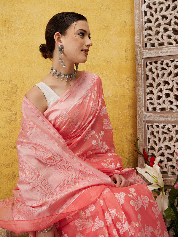 Peach Cotton Woven Zari Design Floral Saree with Unstitched Blouse - Hiral Fashion | Grocsy