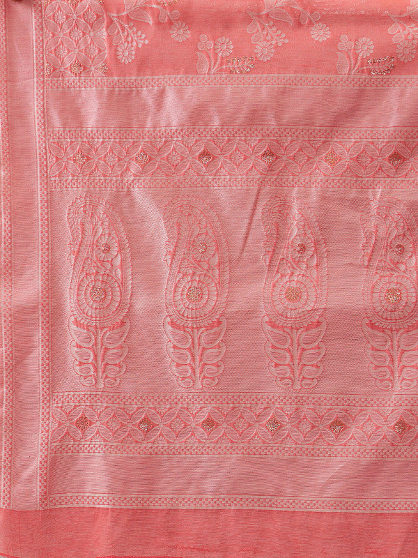 Peach Cotton Woven Zari Design Floral Saree with Unstitched Blouse - Hiral Fashion | Grocsy