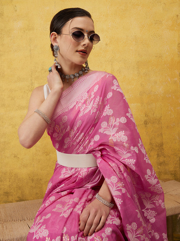 Pink Cotton Woven Zari Design Floral Saree with Unstitched Blouse - Hiral Fashion | Grocsy