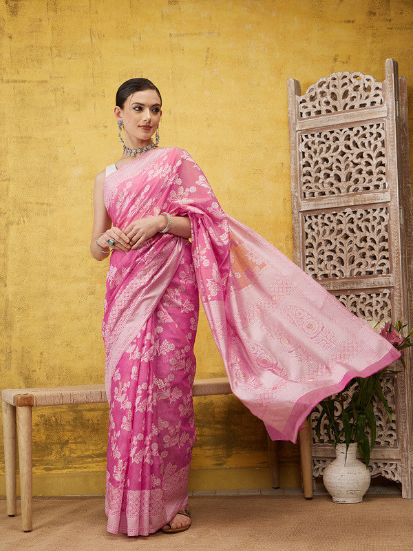 Pink Cotton Woven Zari Design Floral Saree with Unstitched Blouse - Hiral Fashion | Grocsy