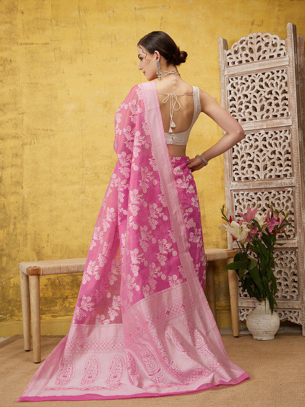 Pink Cotton Woven Zari Design Floral Saree with Unstitched Blouse - Hiral Fashion | Grocsy