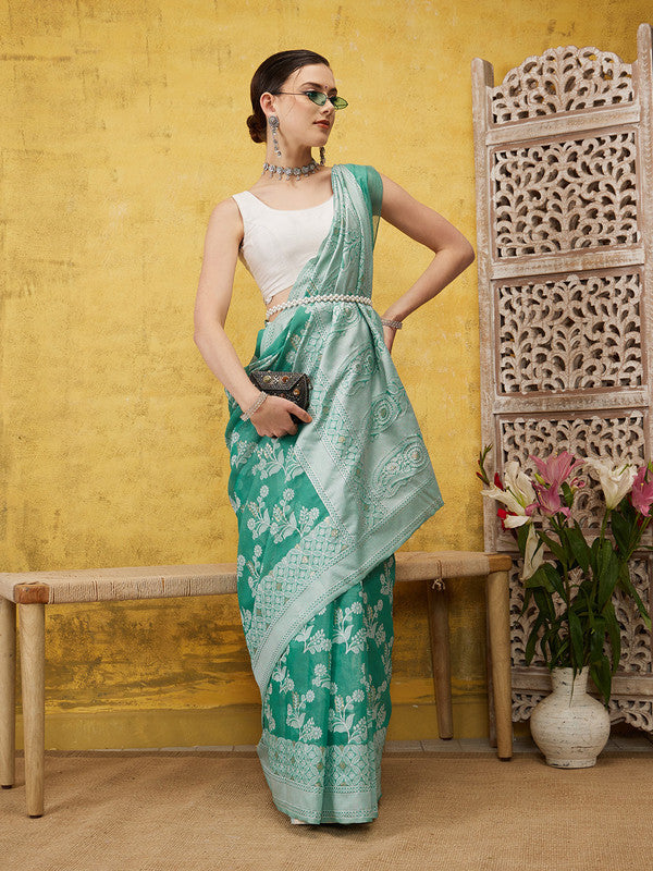 Turquoise Cotton Woven Zari Design Floral Saree with Unstitched Blouse - Hiral Fashion | Grocsy