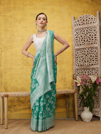 Turquoise Cotton Woven Zari Design Floral Saree with Unstitched Blouse - Hiral Fashion | Grocsy