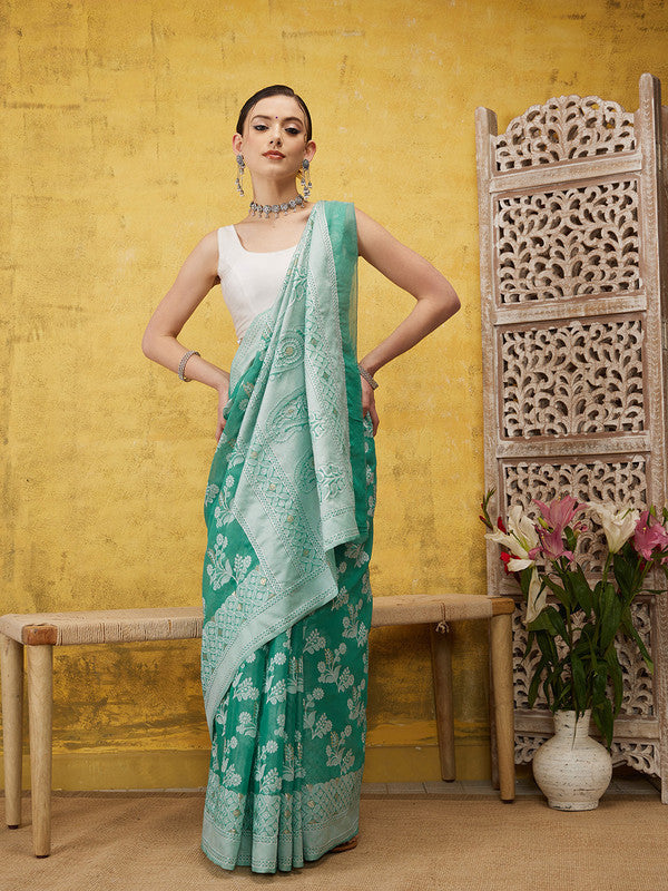 Turquoise Cotton Woven Zari Design Floral Saree with Unstitched Blouse - Hiral Fashion | Grocsy
