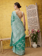 Turquoise Cotton Woven Zari Design Floral Saree with Unstitched Blouse - Hiral Fashion | Grocsy