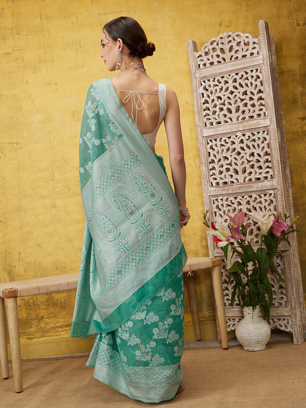Turquoise Cotton Woven Zari Design Floral Saree with Unstitched Blouse - Hiral Fashion | Grocsy
